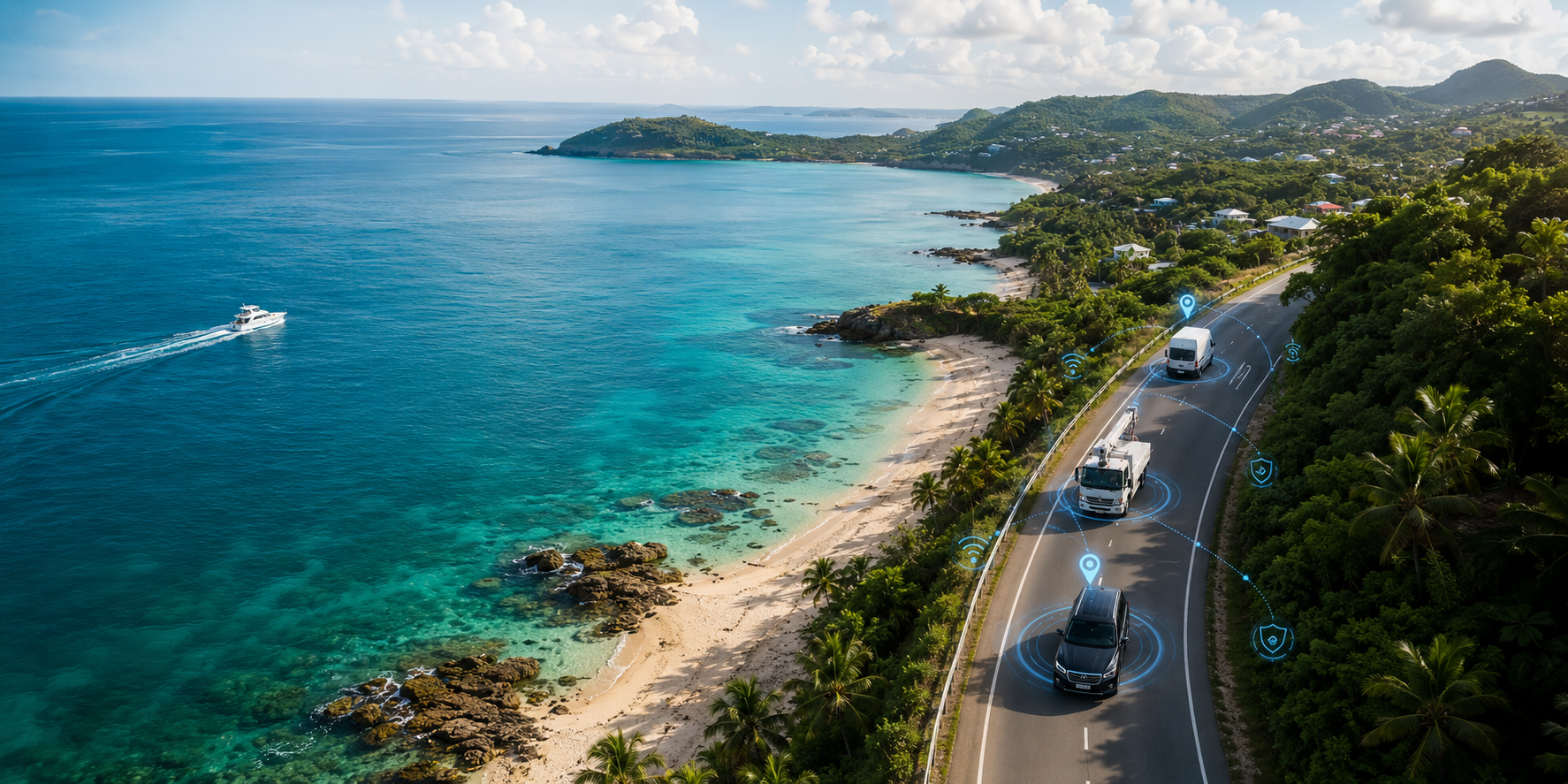 Aerial view of a commercial truck on a Caribbean coastal road